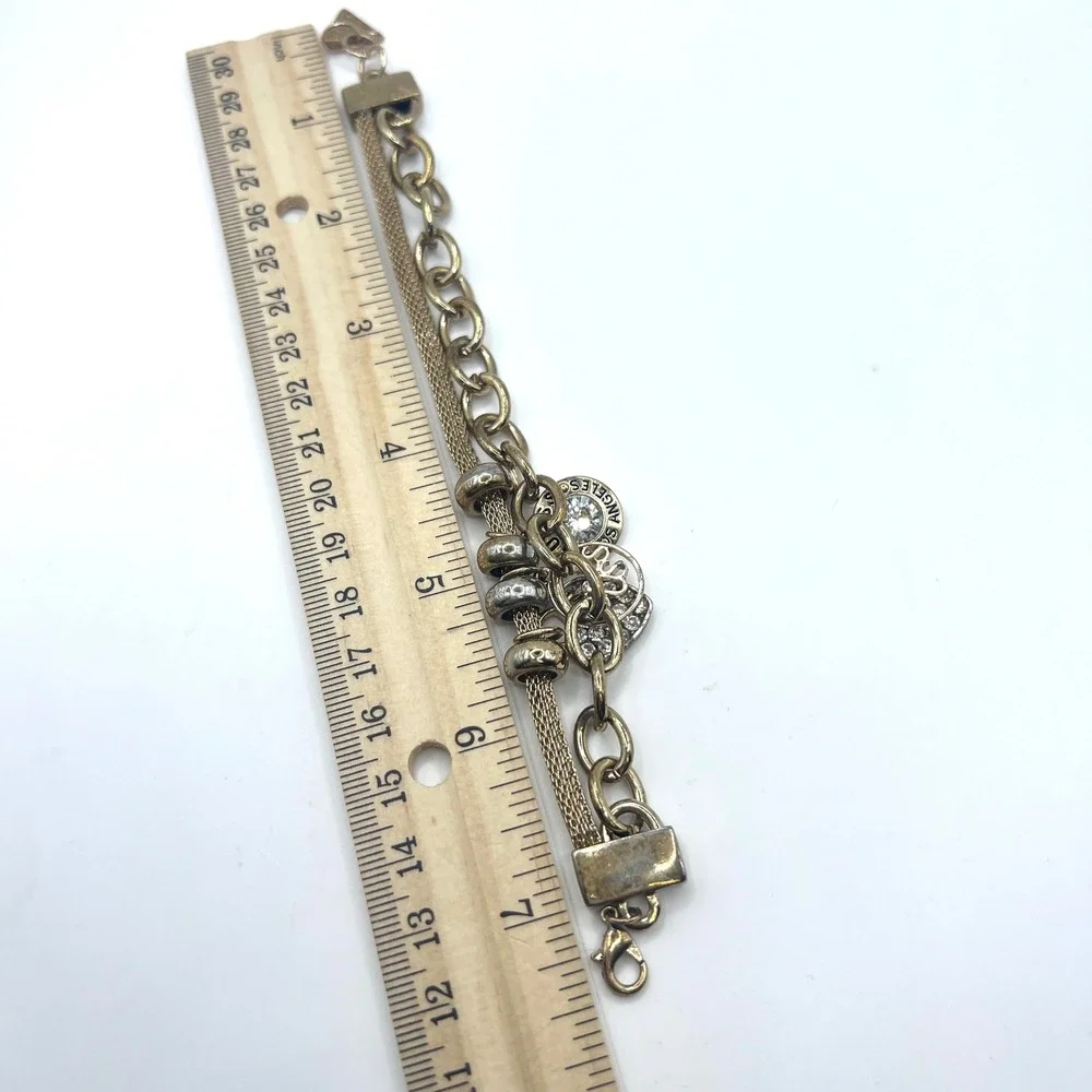 GUESS Gold Tone Charm Bracelet Rhinestone Heart Logo Multi Strand Y2K 7